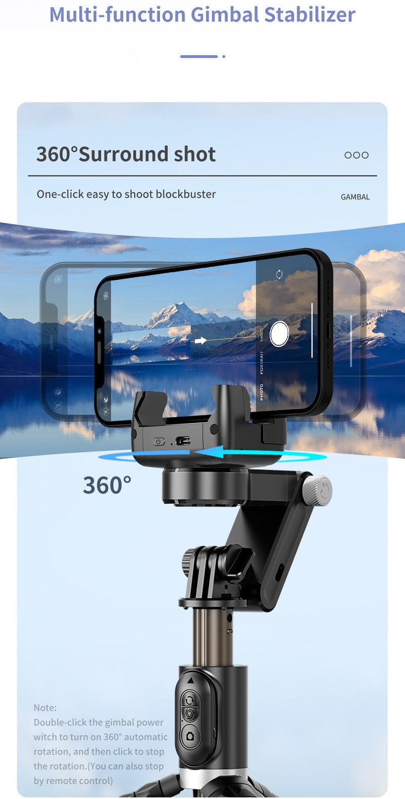 Estabilizador Gimbal Tripé para iPhone, Rotação 360, Selfie Stick, Modo Tiro, Smartphone, Fotografia ao Vivo.
